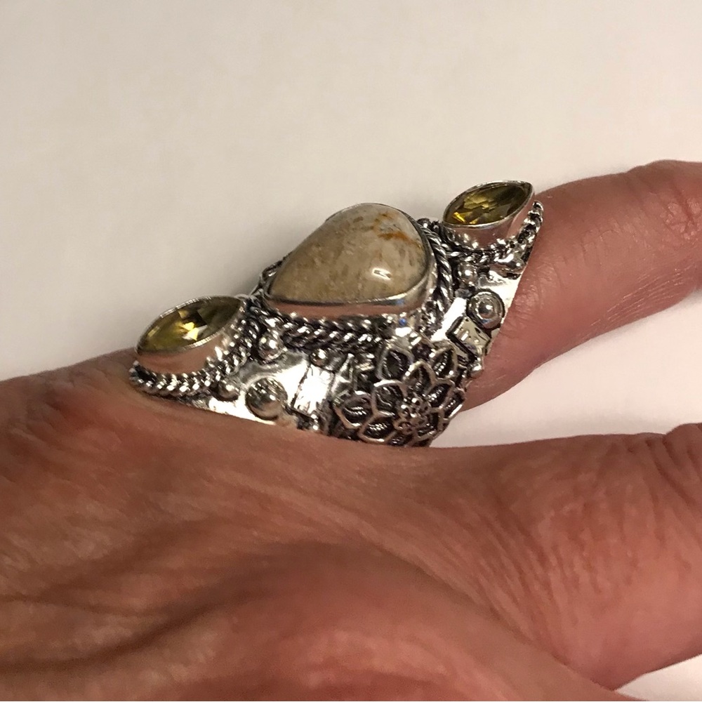Fossil Coral Citrine 925 Sterling Silver Ring
